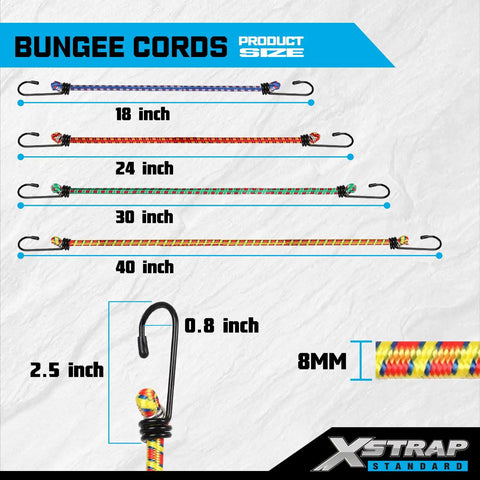 14 Piece Heavy Duty Bungee Cord Kit With 18 Inch 24 Inch 30 Inch And 40 Inch Cords With Hooks For Cars Trucks Trailers RVs Motorcycles Bicycles ATVs And Outdoor Use To Secure Tents Tarps And Gear. Display of color-coded bungee cords with sizes and hook details.