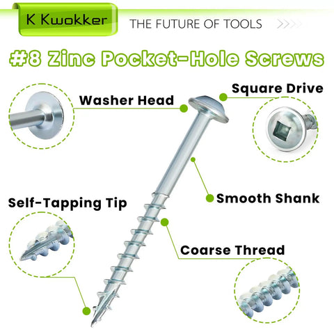460 Piece Pocket Hole Screws Kit With Five Lengths From One Inch To Two And A Half Inch Square Drive Zinc Coarse Thread