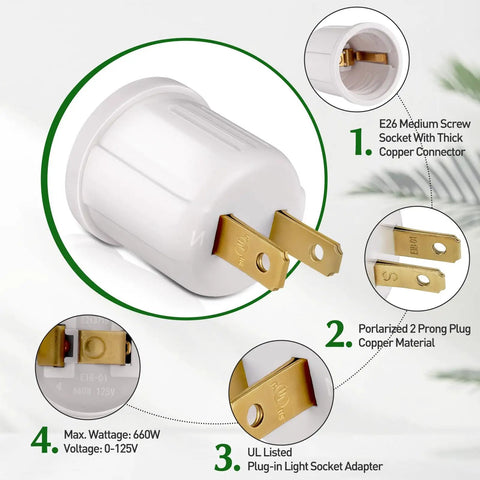 Outlet To Socket Adapter For Plug In Light Socket Convert Outlet To Light Bulb Socket Polarized 2 Prong To E26 E27 Screw Base Bulb Socket 660 Watt 125 Volt UL Listed White Pack Of 4 shown with detailed features and copper connectors.