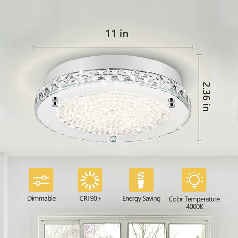 Crystal Flush Mount Ceiling Light With K9 Crystals, Dimmable 18W LED, 11-inch fixture dimensions displayed