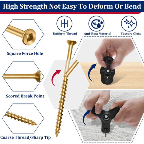 Slick Squeaky Floor Repair Kit With Fifty Heavy Duty Joist Screws And Five Simple Tools To Squash Those Pesky Board Creaks Fast showing a gold screw with hexagonal head.