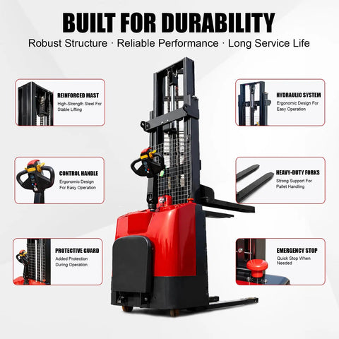 Heavy Duty Electric Pallet Stacker With 3300 Pound Capacity And 118 Inch Lift Height, featuring reinforced mast and control handle, ergonomic design.