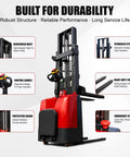 No Sweat Full Electric Pallet Stacker With 118 Inch Lift Height And 3300 Lb Capacity showing reinforced mast and control handle.