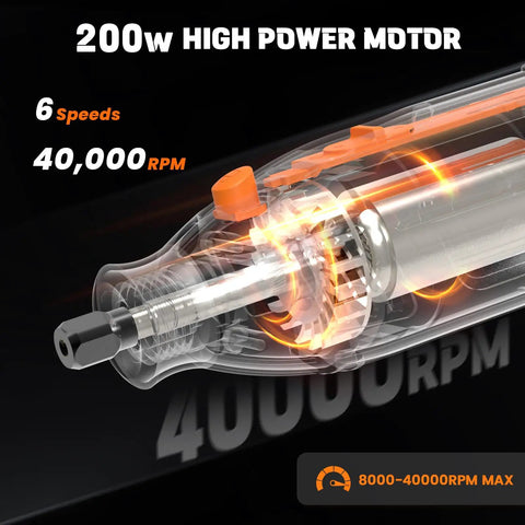 200W high power motor illustration for Total Game Changer Rotary Tool With Flex Shaft, 40000 RPM max speed, 6 speeds control.