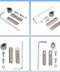 R3 And R5 Corner Rounder Blade Set for Manual Cutter Machine with upper and bottom blades, shown with accessory parts on blue background.