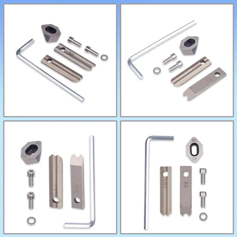 R3 And R5 Corner Rounder Blade Set for Manual Cutter Machine with upper and bottom blades, shown with accessory parts on blue background.