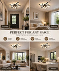 Plug-in ceiling fans with lights and remote,low profile 3 colors Dimming shown in entryway, bedroom, living room, and kitchen settings.