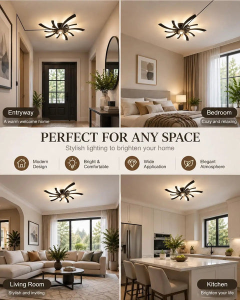 Plug-in ceiling fans with lights and remote,low profile 3 colors Dimming shown in entryway, bedroom, living room, and kitchen settings.