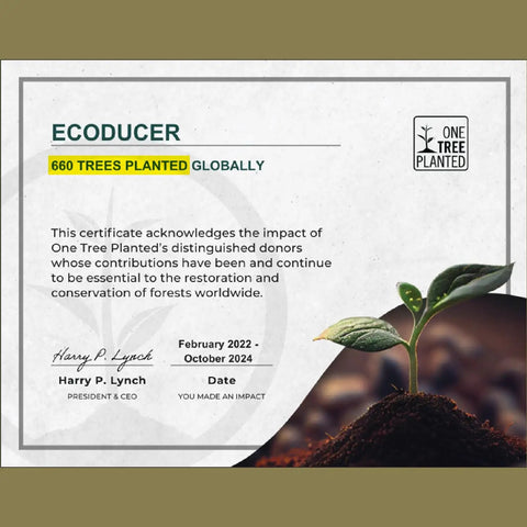 ECODUCER certificate showing 660 trees planted globally, featuring a small green plant and details about One Tree Planted.