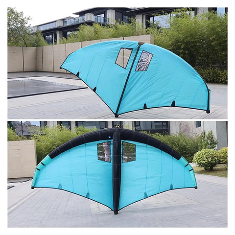 Inflatable Wing Foil for Water Sports with blue durable waterproof sail, shown from two angles outdoors.