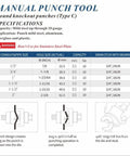 Detailed specifications chart of Beefy Heavy Duty Manual Punch Kit with Ratchet for Sheet Metal, showing punch sizes and usage notes.