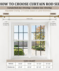 Diagram showing how to choose curtain rod size with Brass Finish Curtain Rod Set In Warm Gold Tone, Heavy Duty Adjustable 72 To 144 Inch.