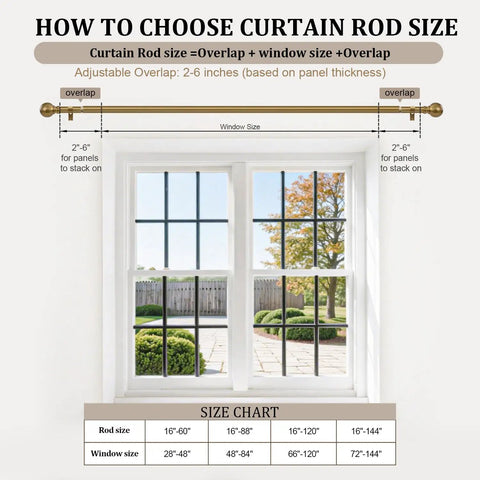 Diagram showing how to choose curtain rod size with Brass Finish Curtain Rod Set In Warm Gold Tone, Heavy Duty Adjustable 72 To 144 Inch.