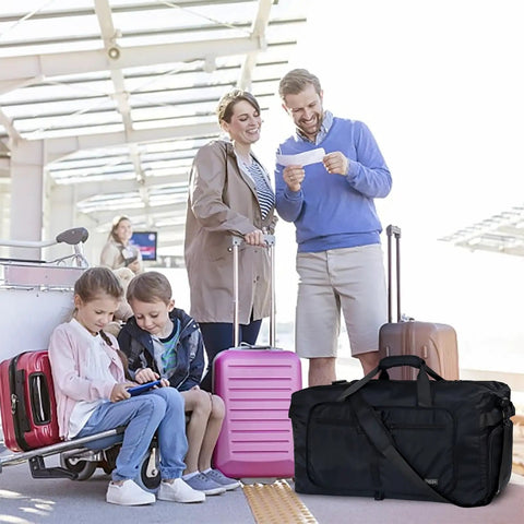 Family at airport with 65L Duffle Bag With Shoes Compartment, Foldable Travel Duffel, Lightweight Black, by luggage