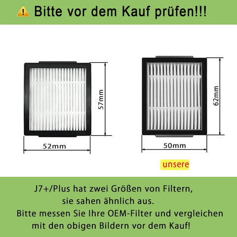 Two HEPA filters with dimensions for Comprehensive Roomba Replacement Parts Kit For I1 Through I9 And J Series With 2 Rubber Brush Sets 6 HEPA Filters And 6 Side Brushes Not For Combo Models Keeps Your Vacuum Running Smooth Fresh And Efficient.
