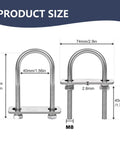 Diagram showing Four Set M8 Stainless Steel U Bolts Kit With Nuts Washers And Plate 40mm Wide 90mm Long 304 Grade measurements.