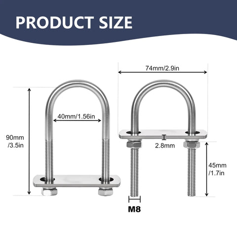 Diagram showing Four Set M8 Stainless Steel U Bolts Kit With Nuts Washers And Plate 40mm Wide 90mm Long 304 Grade measurements.