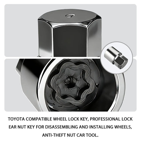 Toyota D-Wheel Locking Lug Nut Removal Tool Key for Pro-Grade Anti-Theft Wheel Nut Remover Socket, chrome finish.