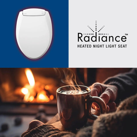 Radiance Cozy Heated Night Light Toilet Seat With Slow Close and Adjustable Fit Round White Plastic Seat 3 Temperature Settings
