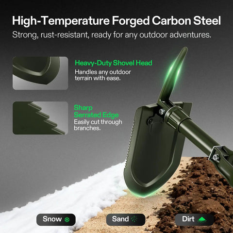 Folding Survival Shovel For Camping And Hiking High Carbon Steel Tactical Entrenching Tool with heavy-duty head and serrated edge