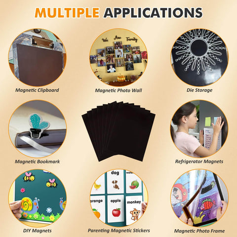 Multiple uses of Adhesive Magnetic Sheets 12 By 16 Inches, 20 Mil Thick, 12 Packs Flexible Magnetic Paper for crafts and fridge magnets