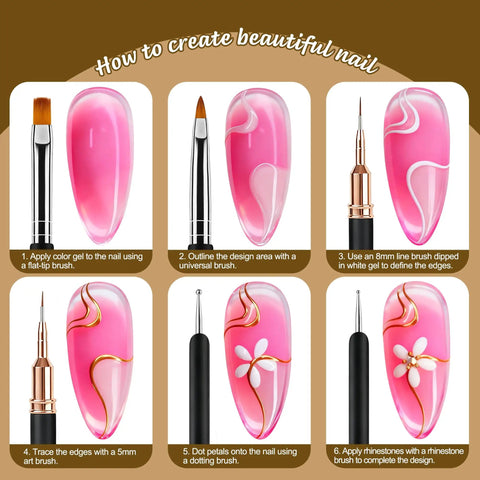 Steps for nail art with Gel Polish Nail Art Brushes and Dotting Tools Kit with Double Ended Pens and Liner Brushes