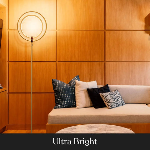 Eclipse Dope Bright Modern LED Torchiere Floor Lamp With Built In Touch Dimmer in stylish living room setting.