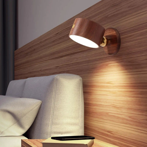 Solid Wood Wall Sconce Lamp With Magnetic 360 Degree Rotation, Cordless Rechargeable LED, Dimmable Touch Control, Sapele Wood setup
