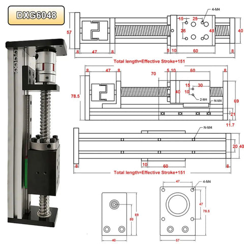 Beefy 42mm Wide CNC Slide Table With SFU1204 1605 1610 Linear Guides, Monorail XYZ Axis Ball Screw Slider For Precise CNC Motion And DIY Machining Projects For High Precision Metalworking, Woodworking, And Prototyping Applications. DXG6048 CAD diagram with installed ball screw slider