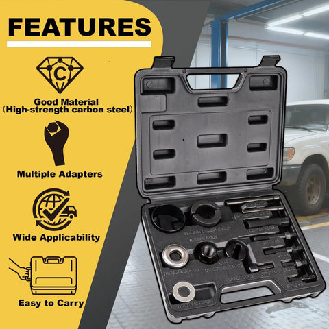14 Piece Power Steering And Alternator Pulley Tool Kit with storage case in garage setting featuring adapters.