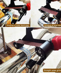 Heavy Duty Belt Sander Adapter For Angle Grinder With 15 Sanding Belts Pipe Tube Polishing Attachment 5/8-11 Thread Universal Kit in use for grinding bent and straight pipes.