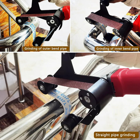 Heavy Duty Belt Sander Adapter For Angle Grinder With 15 Sanding Belts Pipe Tube Polishing Attachment 5/8-11 Thread Universal Kit in use for grinding bent and straight pipes.