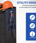 Beefy Thirty Inch Lockable Tool Storage Cart With Hella Strong Steel Frame And Slick Pegboard Organization For Garage Workshop showing tools organized on pegboard.