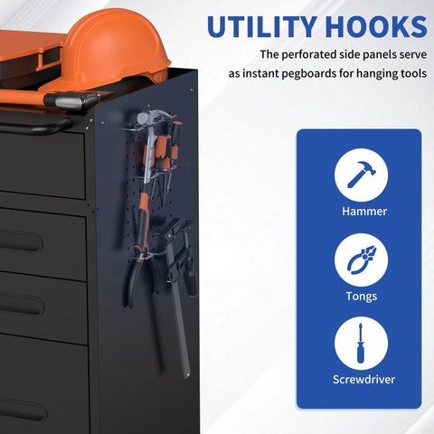 Garage Workhorse Heavy Duty Steel Tool Cabinet With Pegboard Wall And Lockable Drawers For Easy Rolling Shop Gear Organization Setup In Gloss Black with utility hooks and tools.