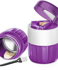 3 In 1 Pill Crusher With Cutter And Storage Box Fine Powder Grinder With Brush, open purple container showing cutter and powder