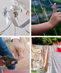 Collage showing uses for Aluminum Crimping Sleeves Set One Thirty Second Inch Double Barrel Cable Crimps Wire Ferrules For Rope Ends 200 Pack