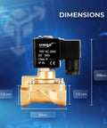 Half Inch NPT Solenoid Valve 110V AC Brass Normally Closed Control Valve For Water Air And Gas with dimensions overlay.