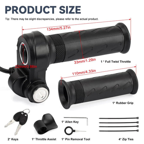Full Twist Throttle With 2 Keys Plug And Play For Ridstar Q20 Series Waterproof Ebike Throttle Grip Kit, size specifications shown