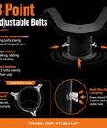 3-point adjustable bolts on adjustable bottle jack axle adapter for 2 to 12 ton jacks, black, rock solid steel construction
