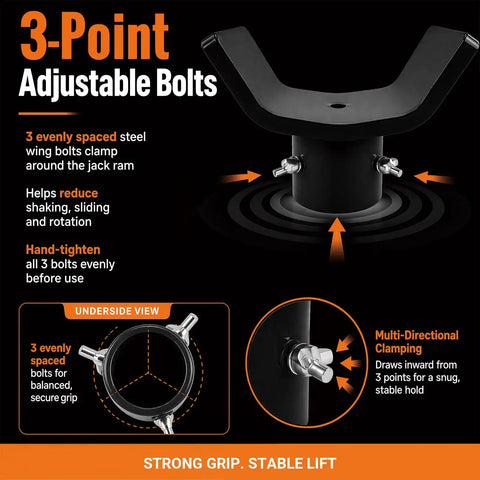 3-point adjustable bolts on adjustable bottle jack axle adapter for 2 to 12 ton jacks, black, rock solid steel construction