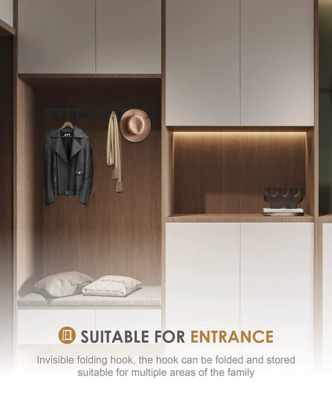 Modern entrance with hidden hooks displaying a leather jacket and hat, showcasing storage functionality.