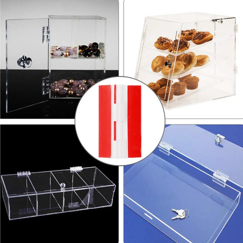 4 Pack Self-Adhesive Clear Acrylic Hinges 65x40mm used on clear display boxes and cases in various settings