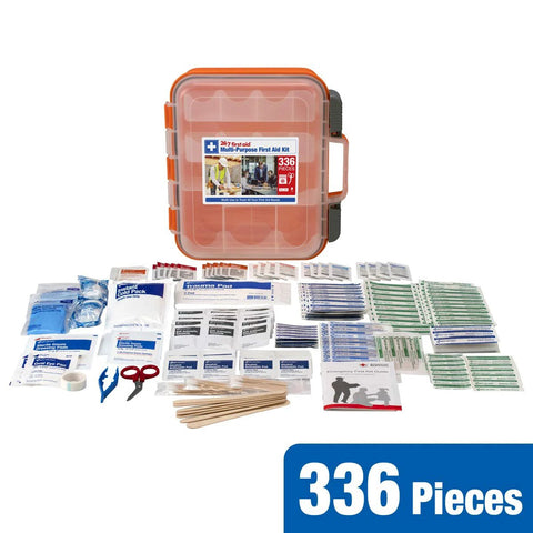 Front view of orange plastic 336-piece first aid kit with clear lid and slide latches, contents shown.
