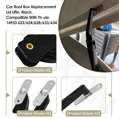 Premium Roof Box Lid Lifter Replacement Hinge For Thule Ascent Pulse Atlantis Hyper Cargo Carrier, black plastic strut detail.