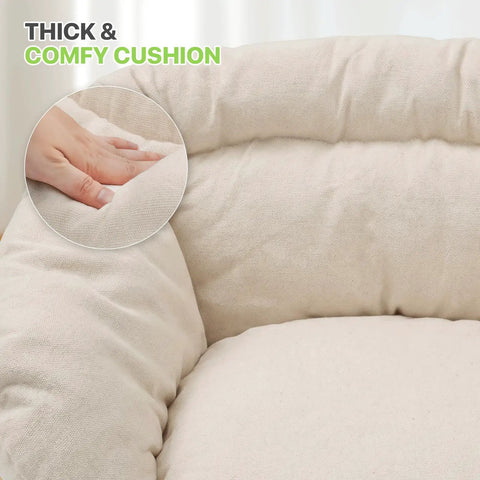 Close-up of thick cushion on hanging hammock chair with cozy full cushion for indoor outdoor relaxation, white macrame swing chair.