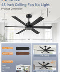48 Inch 6 Blade Ceiling Fan No Light Black Finish With Quiet Reversible DC Motor 6 Speeds Ideal For Living Room Bedroom