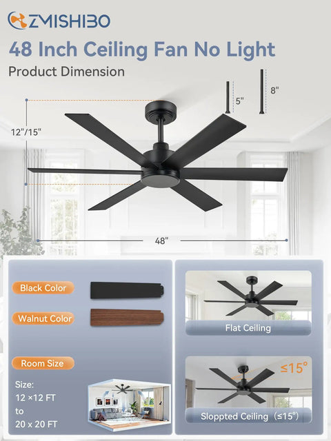 48 Inch 6 Blade Ceiling Fan No Light Black Finish With Quiet Reversible DC Motor 6 Speeds Ideal For Living Room Bedroom