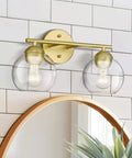 Gold Finish 2 Light Bathroom Vanity Light Over Mirror With Clear Glass Globe Shades, Modern Elegant Bath Fixture, Durable Metal Design
