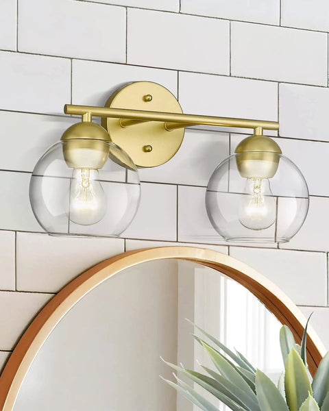 Gold Finish 2 Light Bathroom Vanity Light Over Mirror With Clear Glass Globe Shades, Modern Elegant Bath Fixture, Durable Metal Design