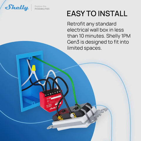 Installation of One Channel 16A WiFi Smart Relay Switch With Power Metering in a blue wall box, showing wiring connections.
